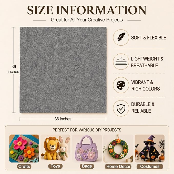 Gray Large Felt Fabric 36" x 36", 1.4 mm Soft Felt Sheet, Nonwoven Fabric