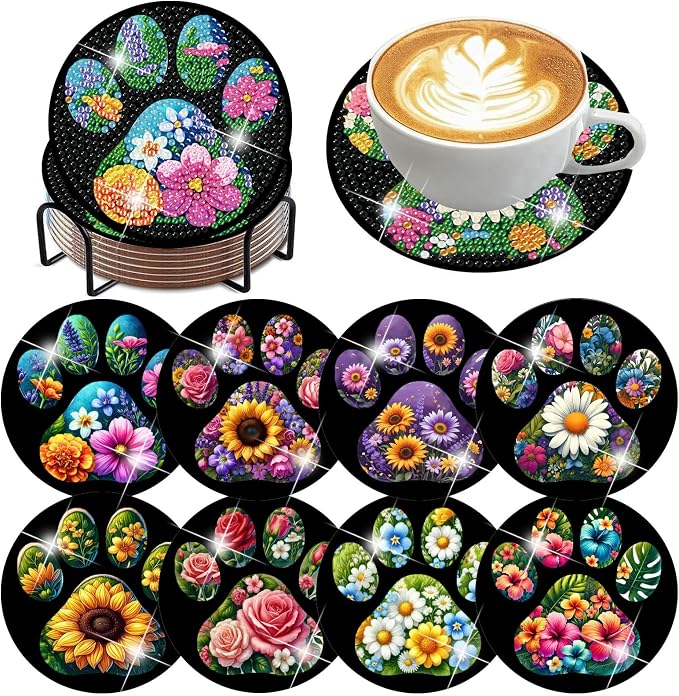 ijbnhd 8 Pack Diamond Art Coasters Kits Dog Paw | Diamond Painting Coasters Kit