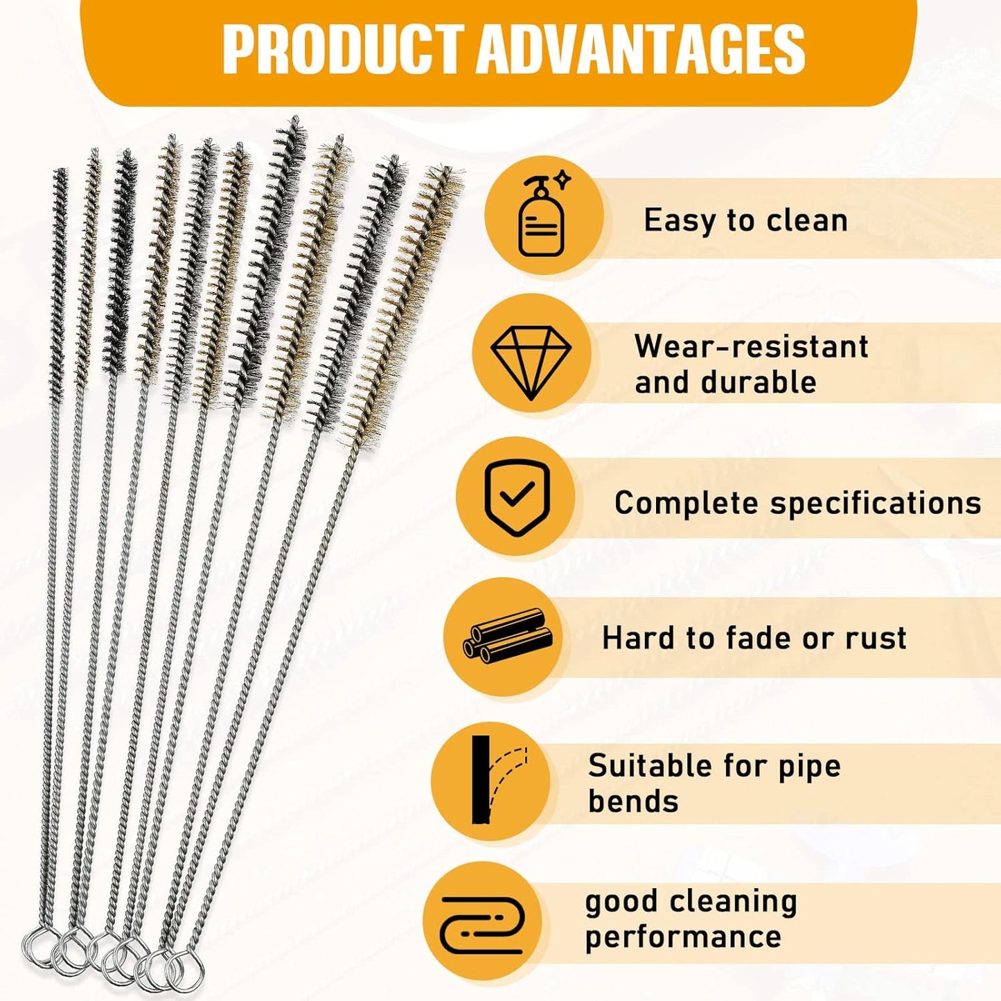 Wire Tube Brushes Bulk for Cleaning Pipe Tube Brass Stainless Steel Round Wire Brush for Auto Parts Christmas, Bottles, Tubes, 5 Sizes(20 Pieces)