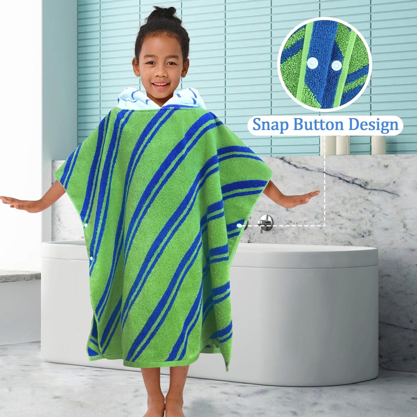 VOOVA & MOVAS Kids Hooded Poncho Towels (4-8Years,27.5"x27.5"),100% Cotton Soft Absorbent Towel for Boys,Perfect for Bathroom | Pool | Beach | Swimming, Jacquard Green Stripe