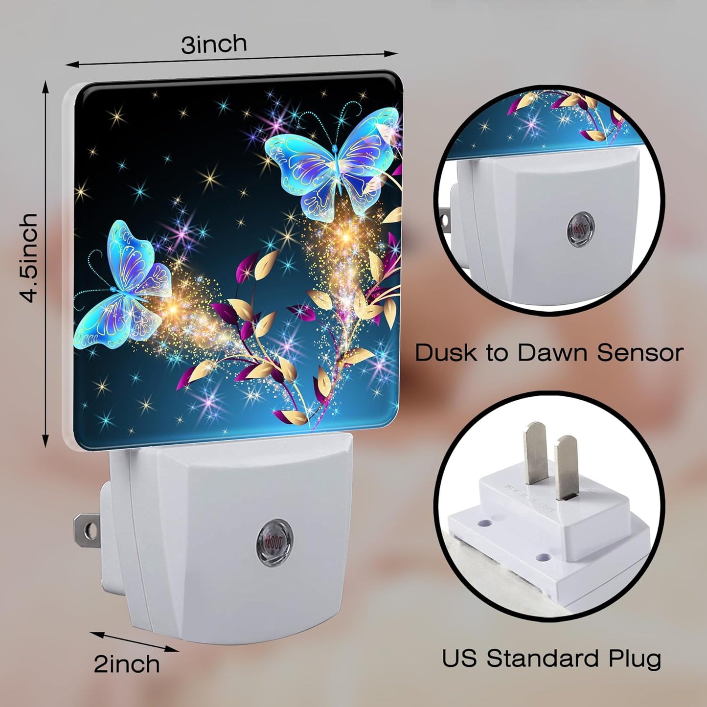 Magical Butterflies with Flowers Night Light Plug into Wall, Glitter Sparkle Butterfly Dusk to Dawn Night Light Plug in,0.5w Energy Saving Sleep Friendly NightLight for Kids Boys Girls Home Decor