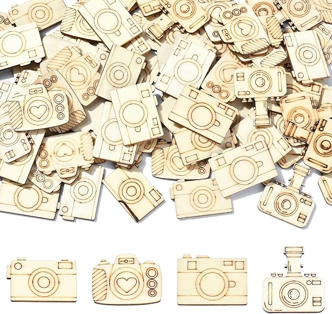 200 pcs Mixed Styles Camera Theme Unfinished Wooden Cutout Charms Travel