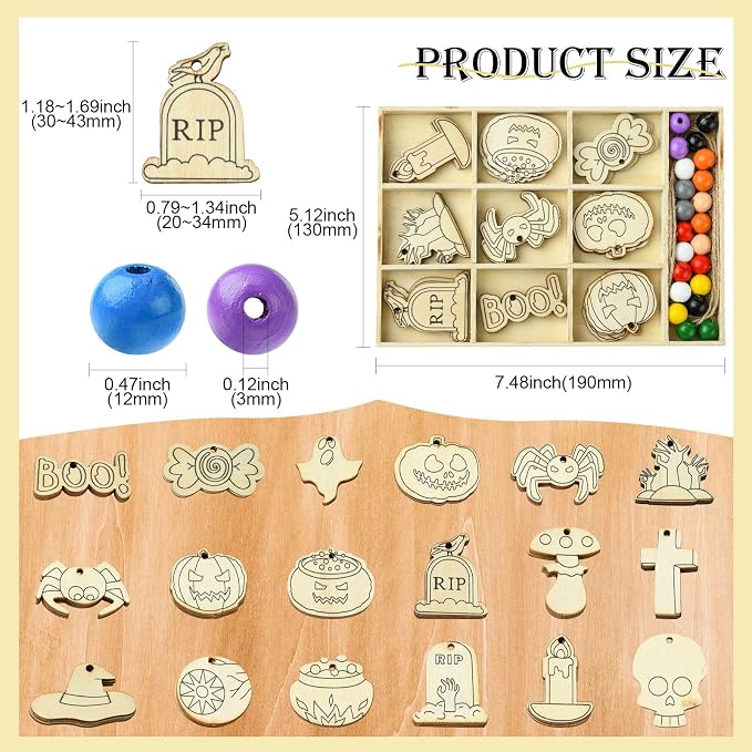 54 pcs Mixed Styles Halloween Theme Unfinished Wood Cutout Charms Cross Spider