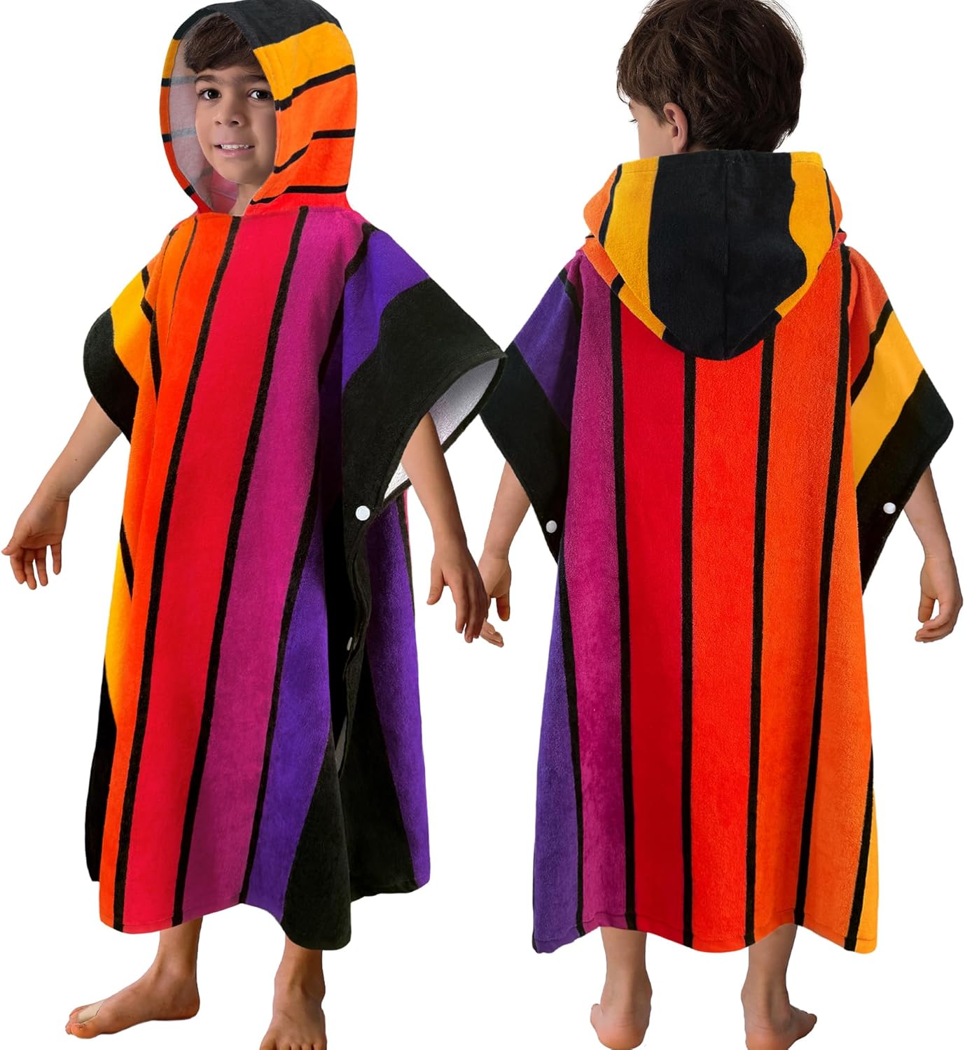 VOOVA & MOVAS Hooded Poncho Towels for Big Kids - (6-12Years), Absorbent Soft 100% Cotton Beach | Bath | Pool Swim Towel with Hood for Boys | Girls - Stripe