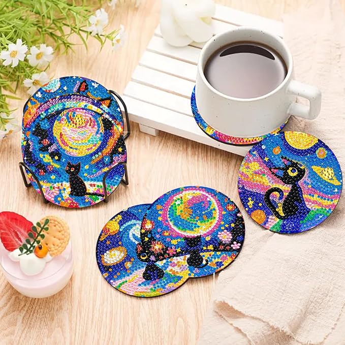10 PCS Black Cat Diamond Art Coasters Kit
