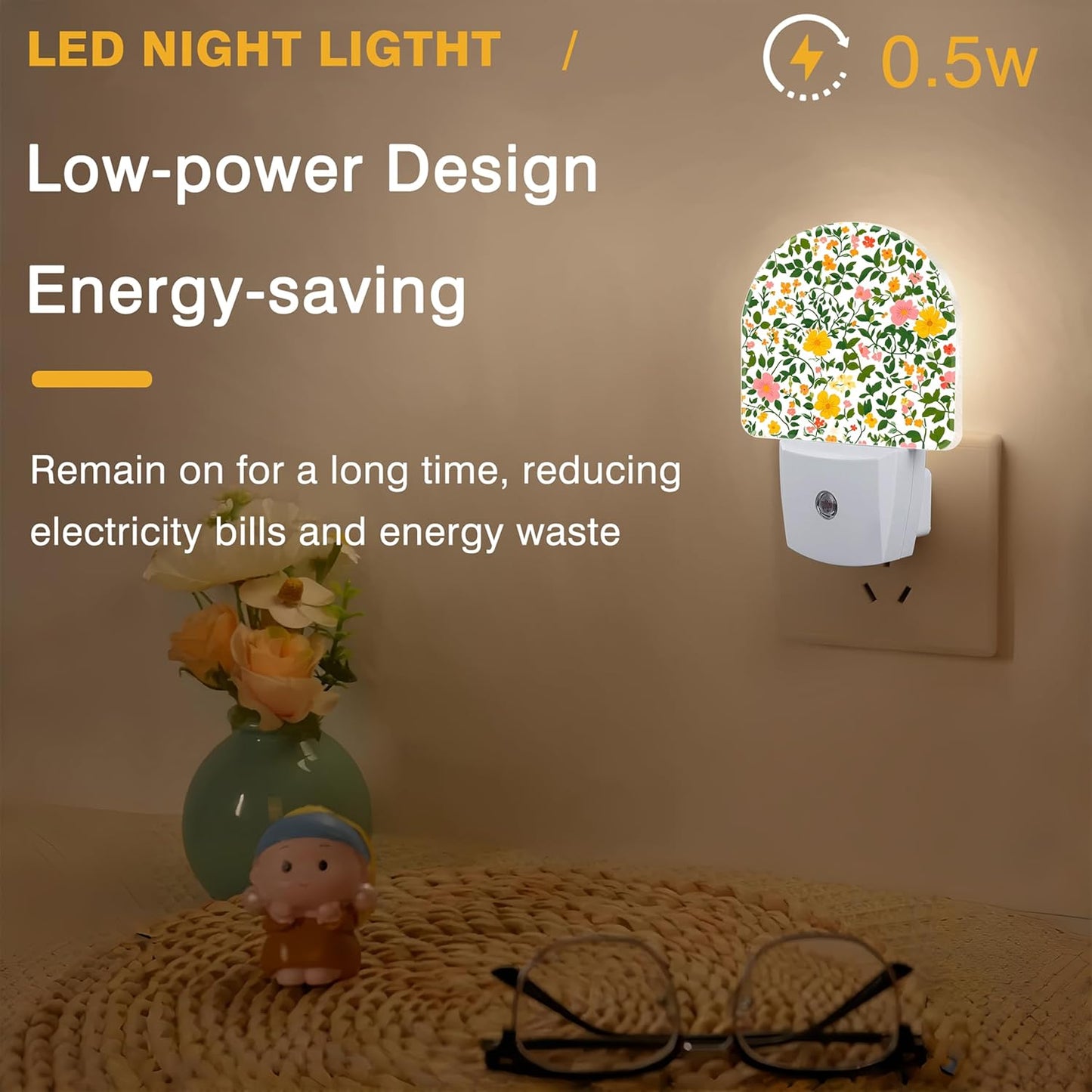 Night Light, Spring Flowers Night Lights Plug into Wall Dusk to Dawn Sensor Round Nightlight for Women Men Energy Efficient Led Lamp 0.5W for Stairway Hallway Bedroom