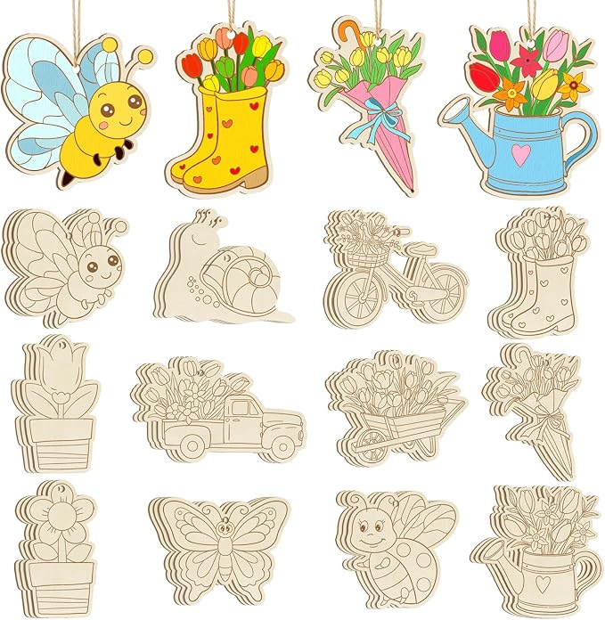 36 PCS Wooden Spring Ornaments to Paint, 12 Styles DIY Blank Unfinished Wood