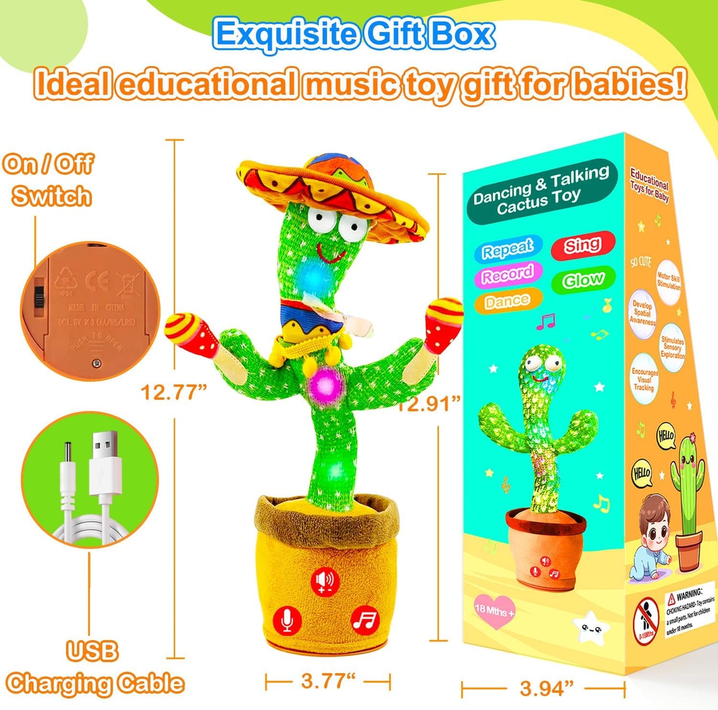 Rechargeable Dancing Talking Cactus Toy w/Volume Adjustable, Cactus Baby Toy Repeat What You Say, Baby Toys for Boys Girls, Singing Mimicking Cactus Toy, Birthday or Chirstmas Gifts for Grandkids