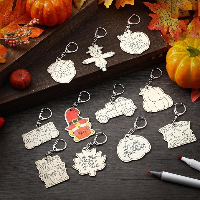 RattanView 24 Pcs Fall Craft Color Your Own Keychains DIY Craft Wooden Blank