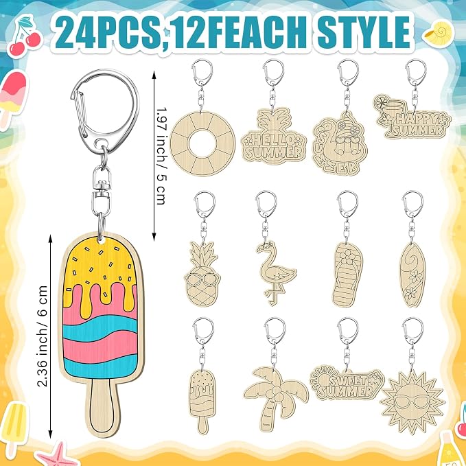 RattanView 24 Pcs Summer Party Craft Color Your Own Keychains Diy Craft Wooden