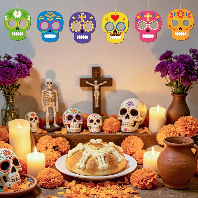COCHIE Day of the Dead Skull Wood Crafts to Paint Set of 24, Día De Los Muertos