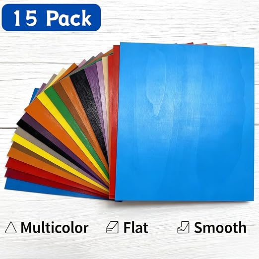 15 Pack Colored Double-Sided Plywood Sheets, Solid Color Craft Wood