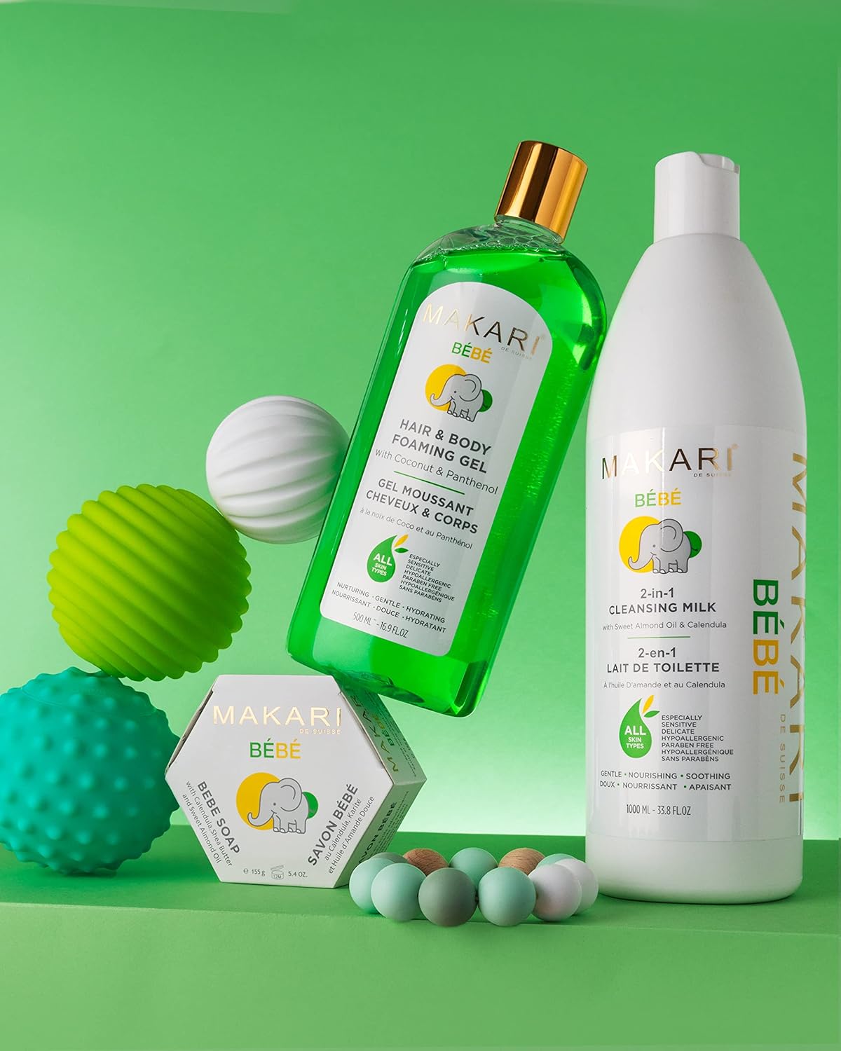 MAKARI Baby Care Essentials Bundle: Softness Care Baby Oil (8.4 oz) with Sweet Almond & Chamomile + Bebe Cleansing Milk (1000 ml) - Gentle, Hypoallergenic Skincare for Sensitive Newborns and Infants