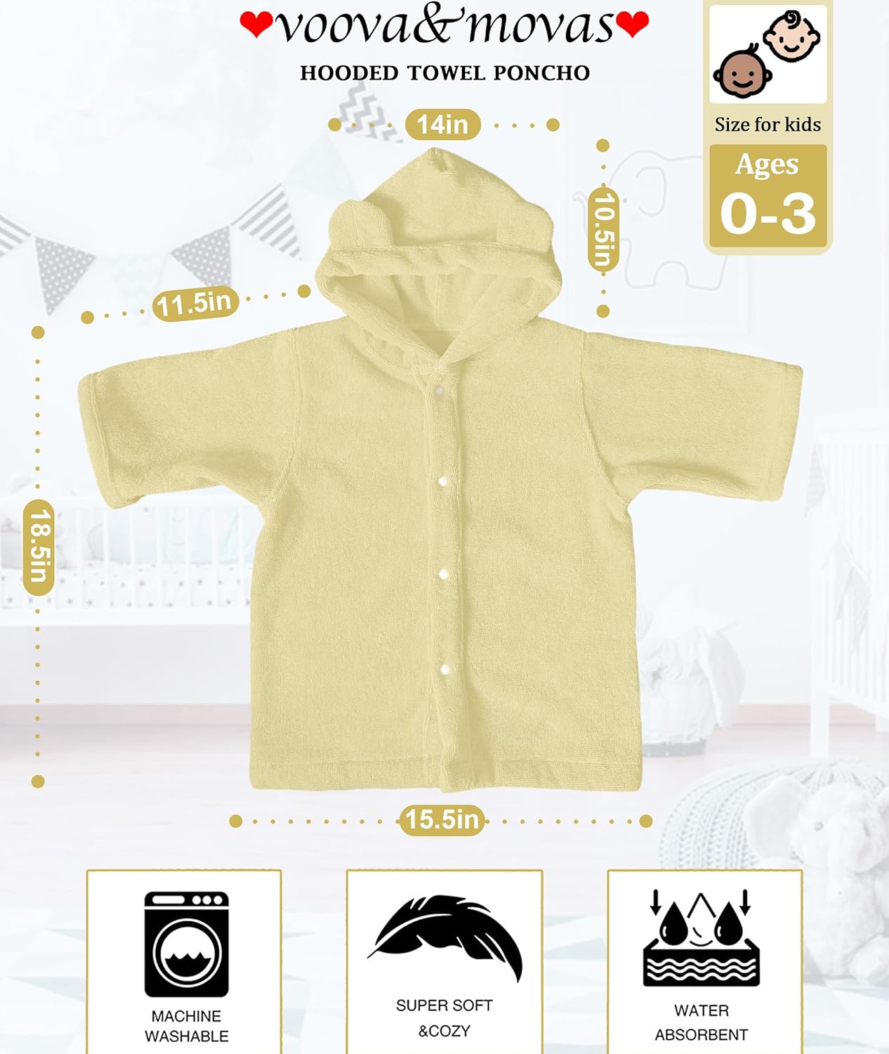 VOOVA & MOVAS Baby Hooded Towel with Bear Ear, 0-3Years | 100% Cotton, Ultra-Soft & Absorbent | Gentle for Sensitive Skin, Bath, Pool & Beach Towel | Newborn (Beige)