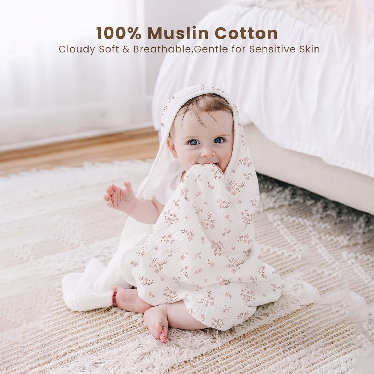 Konssy 2-Pack Muslin Hooded Baby Towels, 100% Cotton, Ultra-Soft & Absorbent Baby Bath Towels with Hood for Newborn & Infant (Taupe,Soft Blooms,32" x 32")