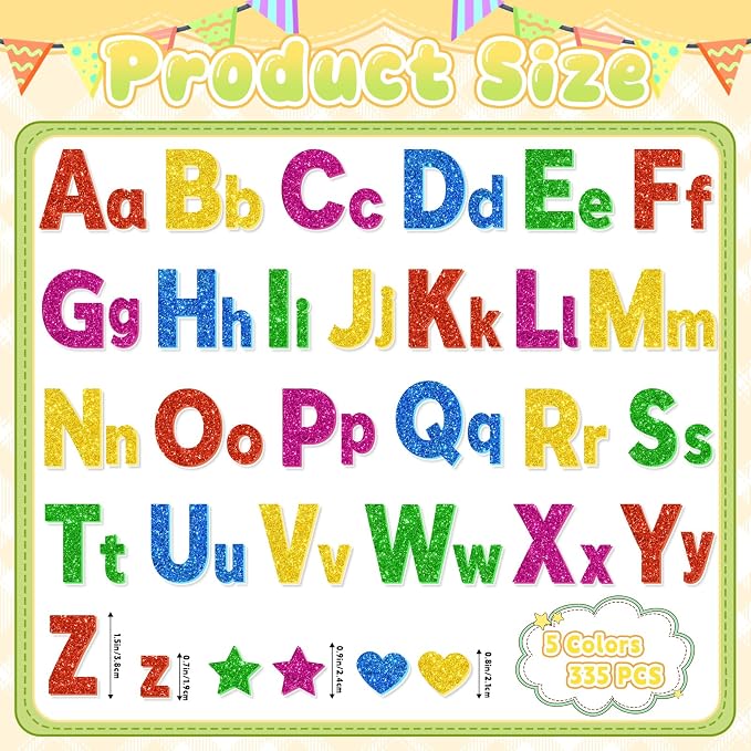 Glitter Foam Letter Stickers 335 Pcs Self-Adhesive Uppercase & Lowercase ABC