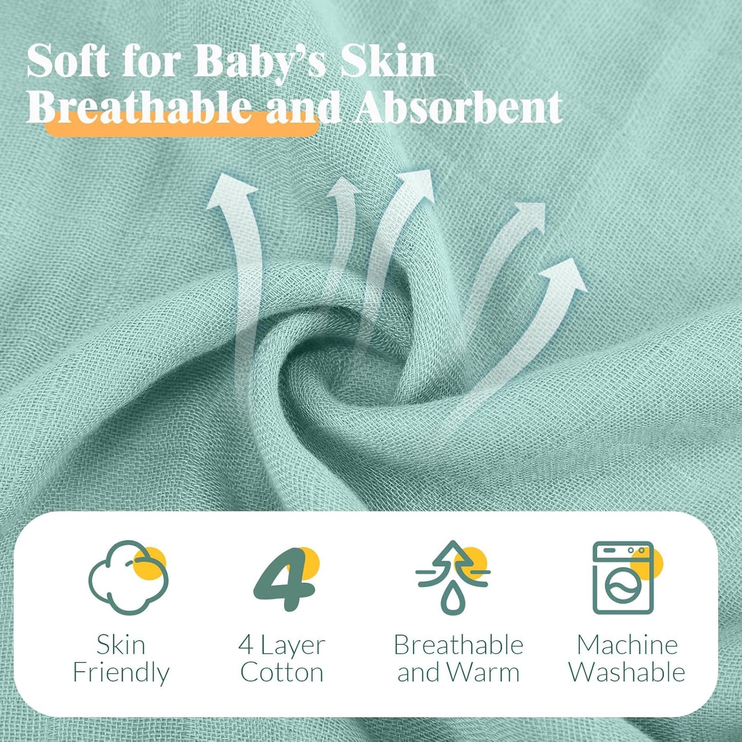 Preboun 6 Pcs Muslin Hooded Baby Towels and Washcloths 32"x 32" Cotton Newborn Bath Towel Anti-Shrink Infant Baby Blankets with Hood 12"x 12" Washcloths for Girl Boy Toddler(Green,Blue)