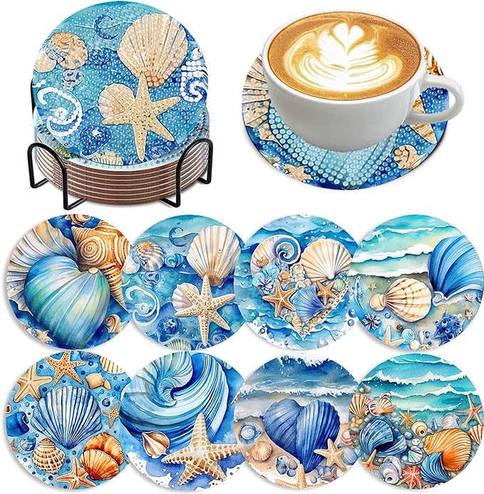 8 Pack Ocean Diamond Art Coasters, Seashell Diamond Painting Coasters Kits |