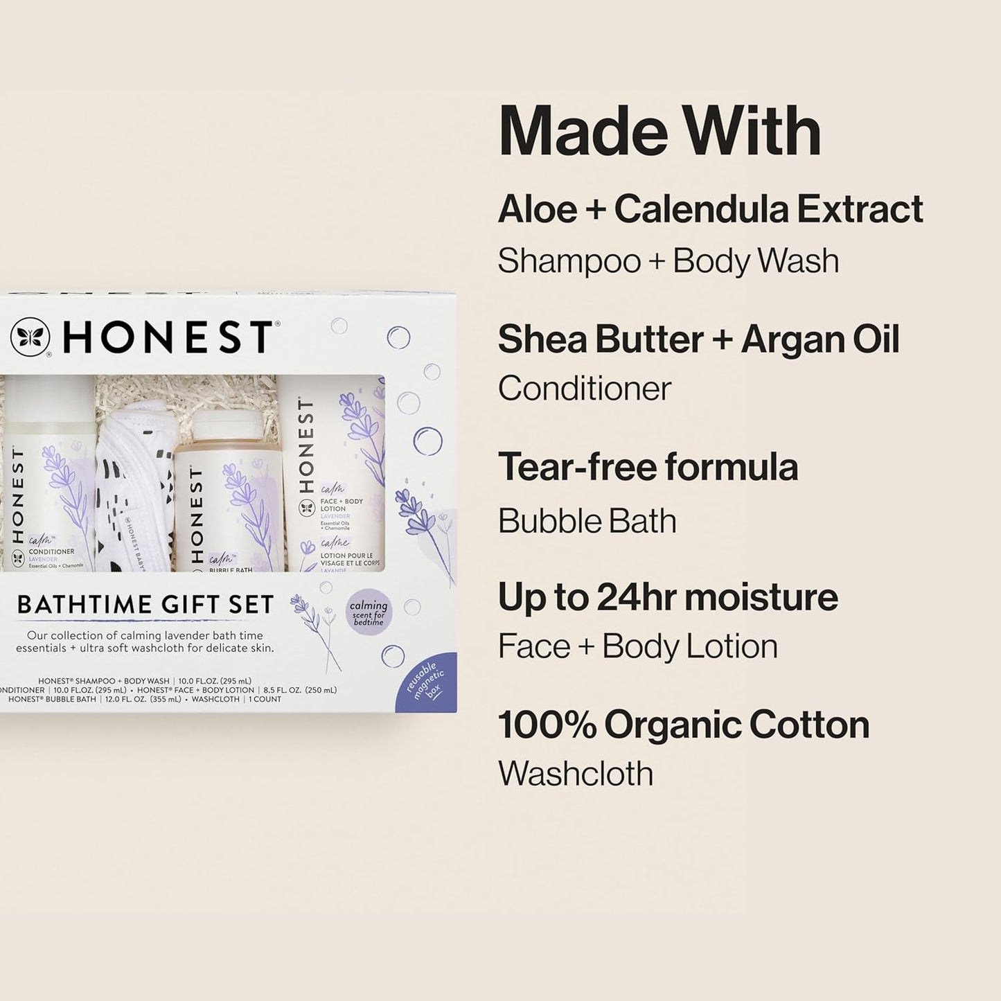 The Honest Company Calming Lavender Bathtime Gift Set Hypoallergenic Bath Essentials for Sensitive Baby Skin Shampoo and Body Wash Face and Body Lotion Bubble Bath Conditioner Wash Cloth
