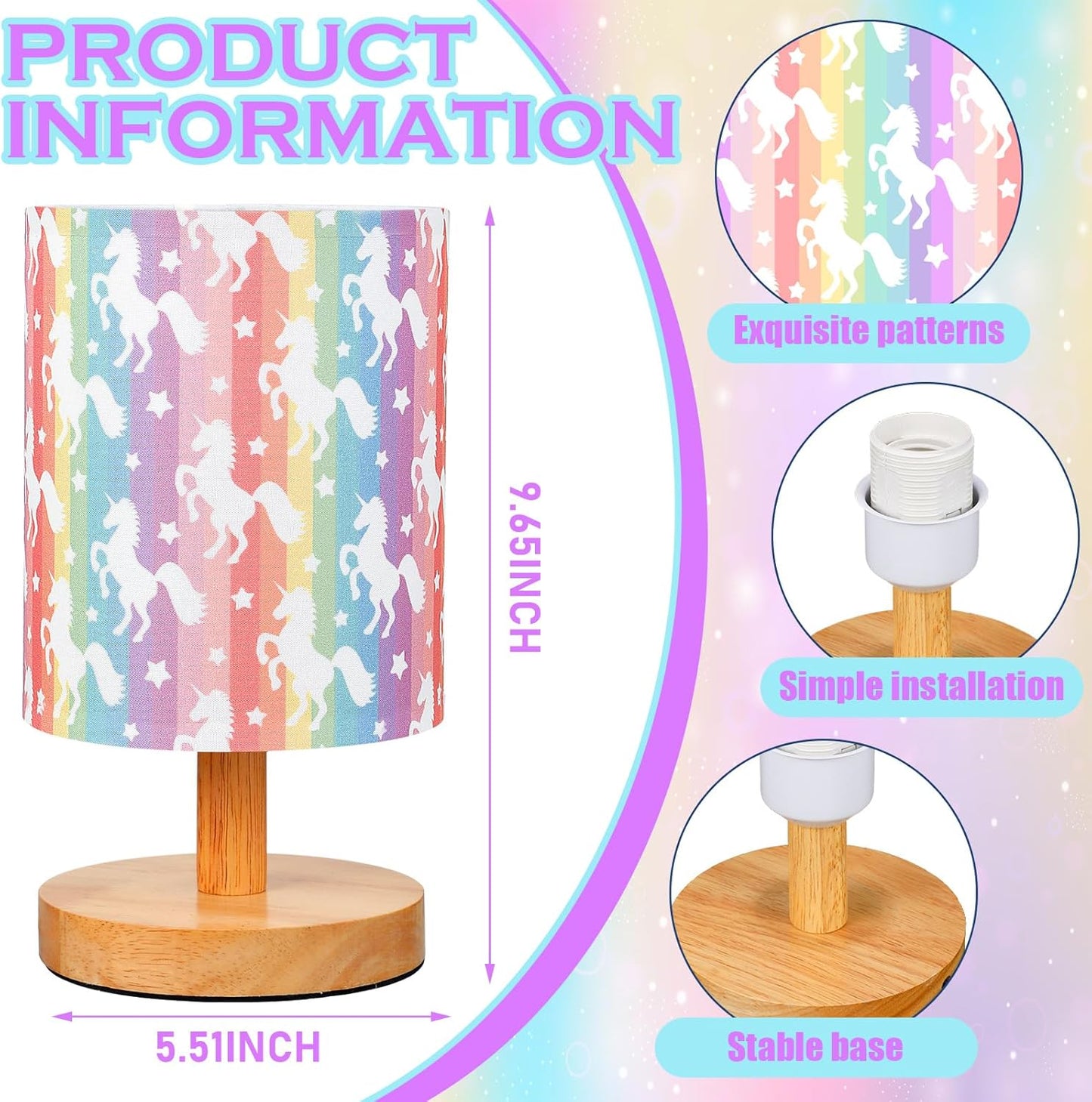 VIHOSE Unicorn Kids Table Lamp for Bedroom Kids Bedside Lamp with Linen Wooden Nightstand Cartoon Nursery Lampshade for Girls Boys Living Room