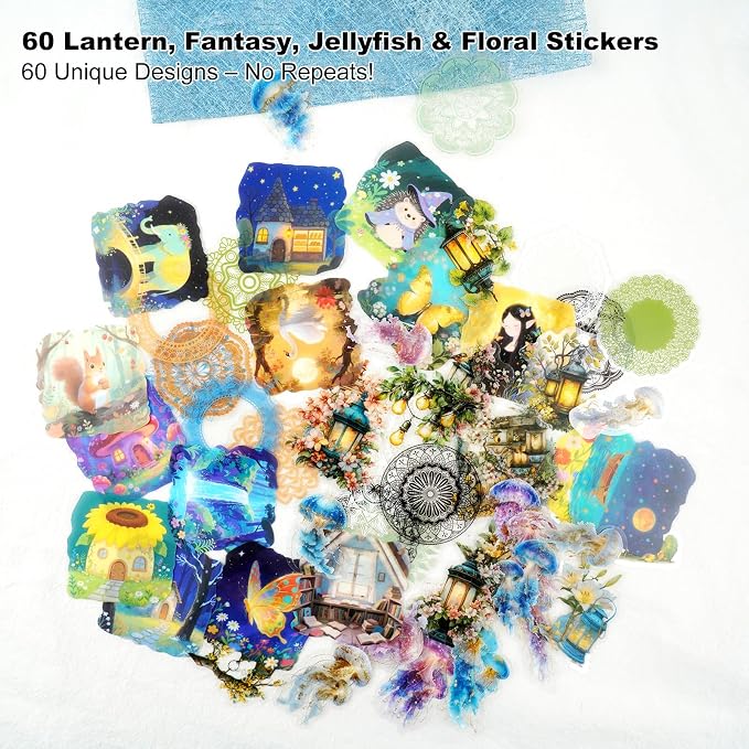 60PCS PET Stickers – Whimsical Mandala Florals, Fantasy Animals & Vintage Lamps