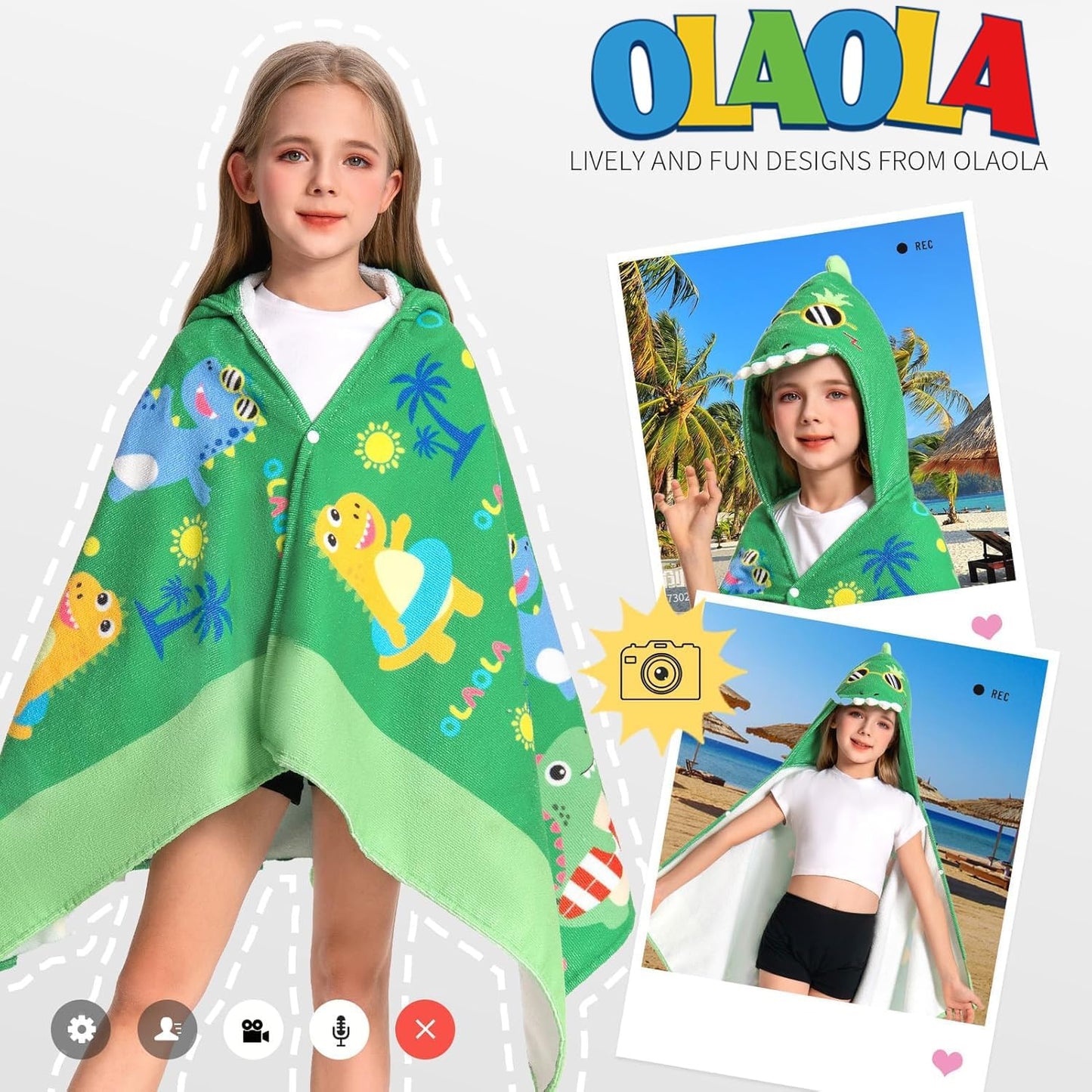 OLAOLA Dinosaur Beach Hooded Towel for Kids 3-12 Years, Soft Thick Absorbent Beach Towels, Toddler Bath Towel Wrap 28" x 53", Swim Pool Towels Poncho for Boys Girls
