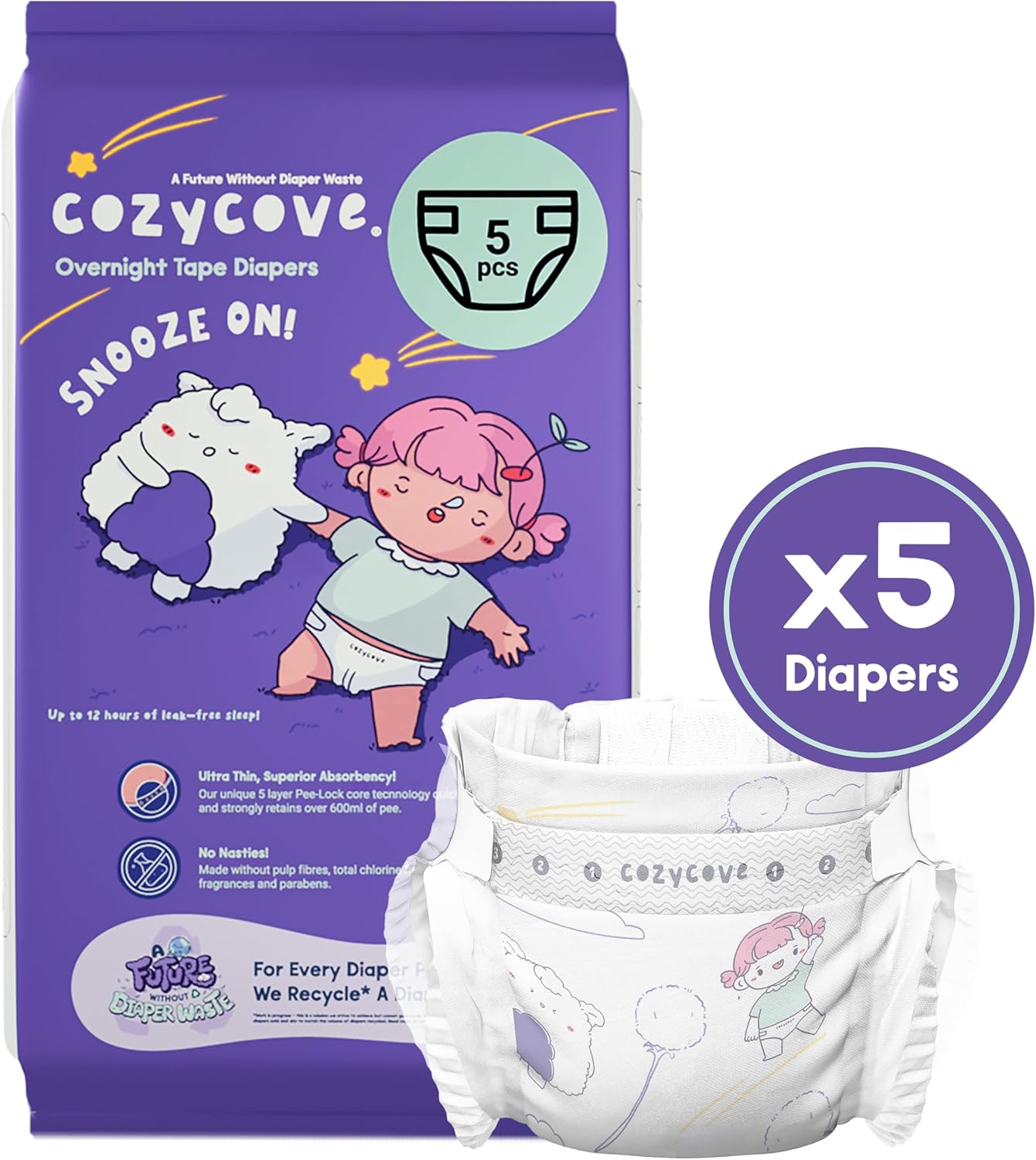 Cozycove Travel Pack Size 6 Diapers, Snooze On Slim Overnight Tape Diapers, Size 6 (33-44 lbs), 5 Count