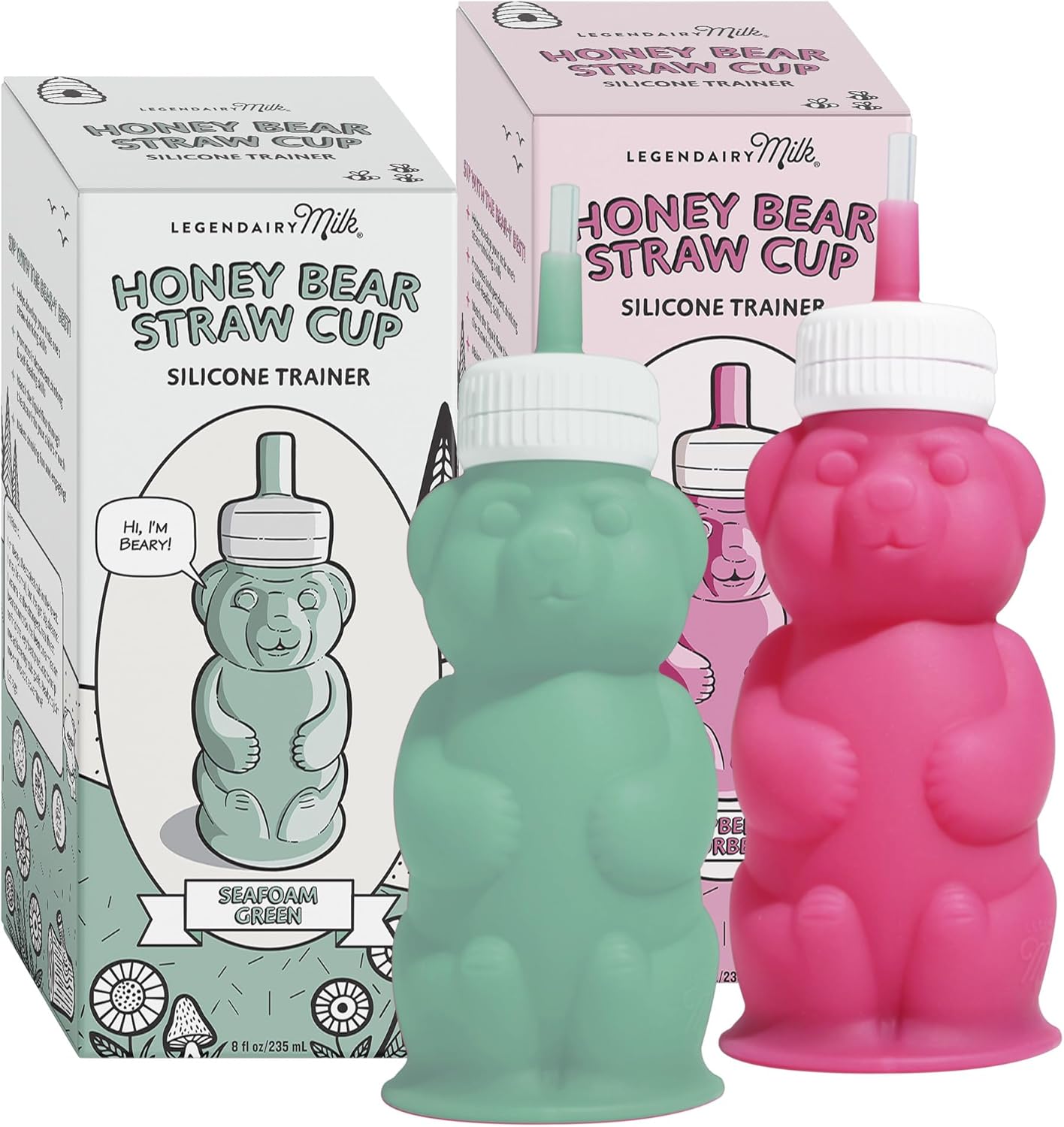 Legendairy Milk Honey Bear Straw Cup Silicone for Babies (Green/Raspberry), 8 oz. Dishwasher Safe Baby Straw Cup, Food Grade Silicone, Honeybear Sippy Cup for Ages 4+ Months (Pack of 2)