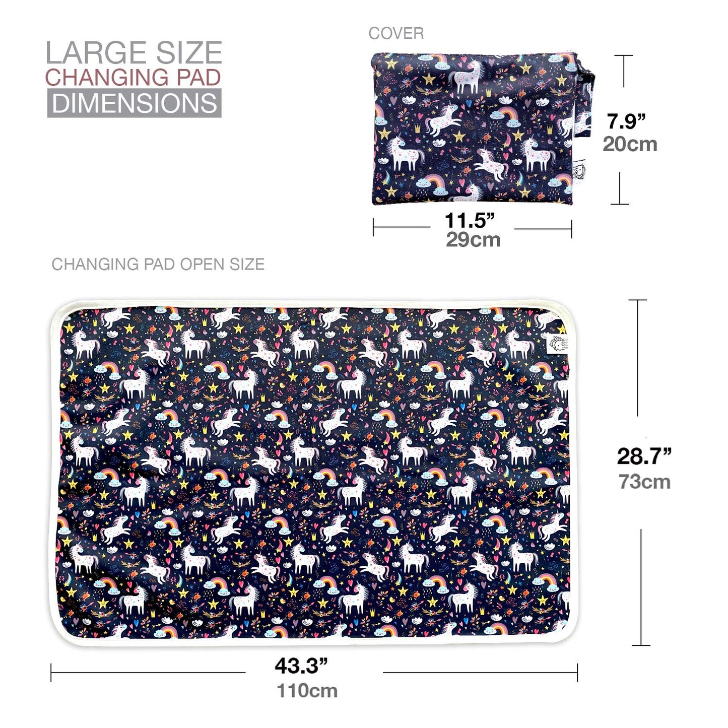 Flockthree Waterproof Baby Changing Pad with Storage Bag (43.3" X 28.7") Washable Wipeable Reusable Leak Proof Diaper Travel Mat Station Changing Mattress Liner Cribs Bed Cover, Unicorns