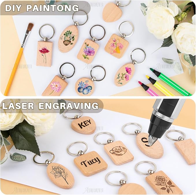 AUEAR, Blank Wooden Key Chain Wood Keychain Key Ring Key Tags Personalized EDC