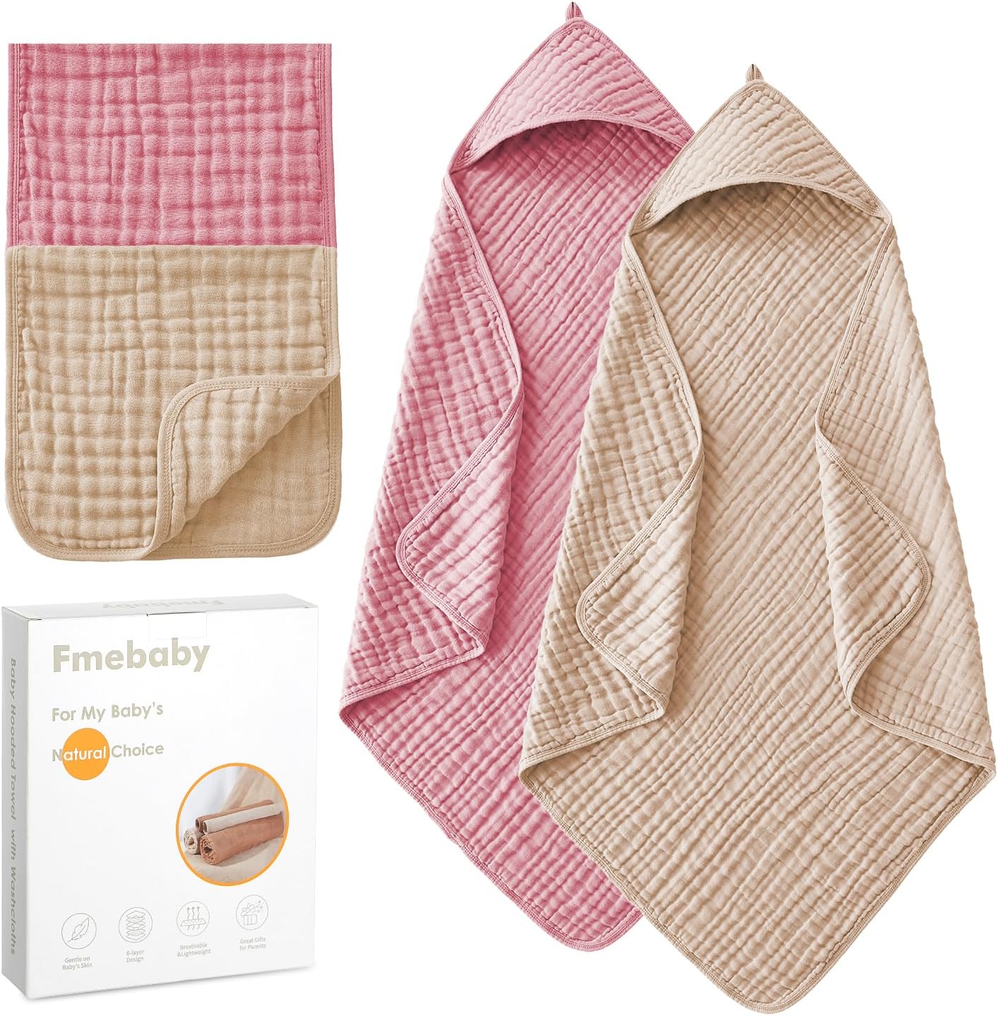 Hooded Baby Towels for Newborn 2 Pack, 36x36 Inch Muslin Cotton Baby Bath Towel and 2 Pack Washcloths for Babies, Toddler and Kids, Soft and Absorbent Newborn Essential(Pink and Apricot)