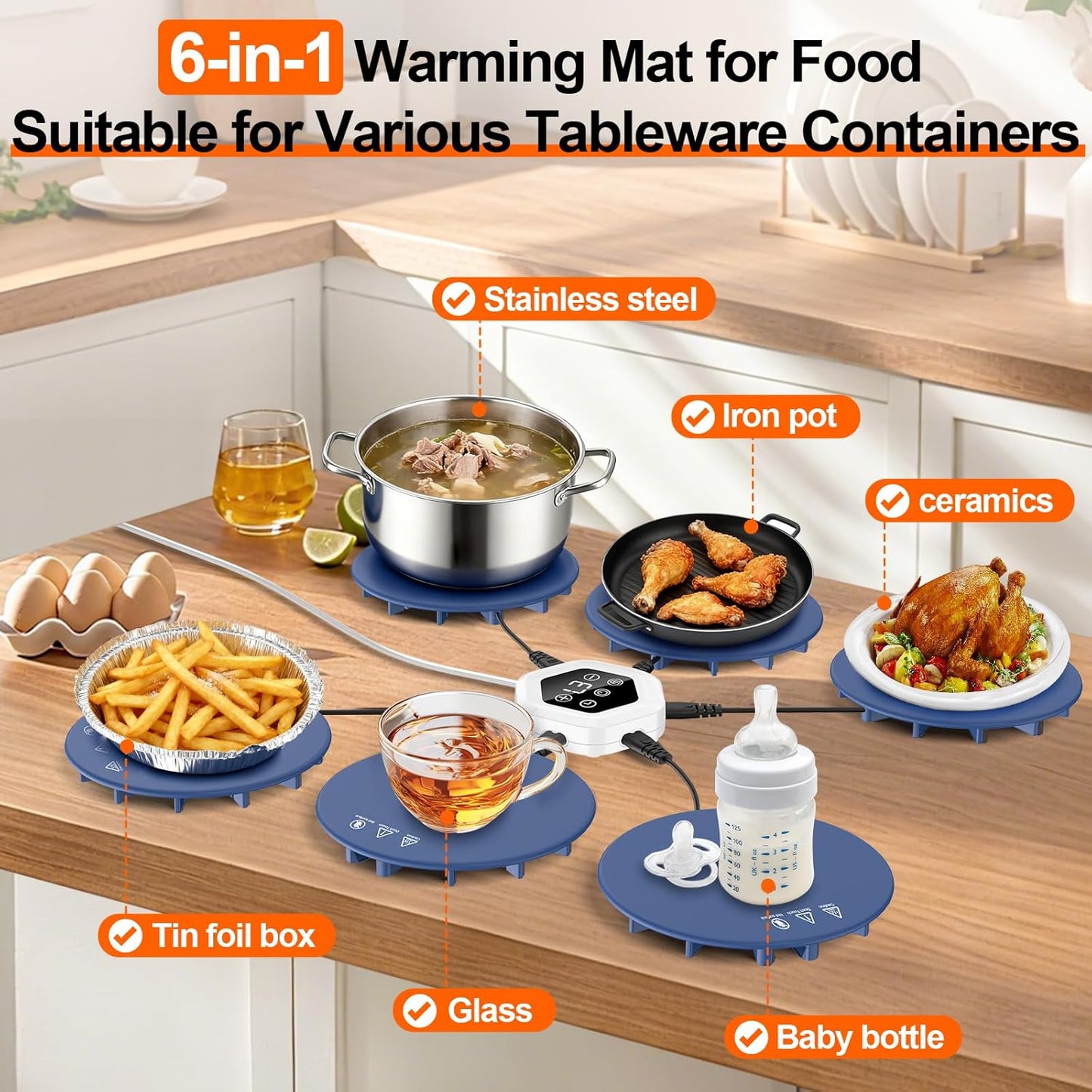 Upgrade Food Warming Mat,6-in-1 Silicone Warming Mat for Food-Fast Heating Electric Warming Tray with 3 Timer & Temp Settings,Portable Food Warmer for Parties Buffet,Raised Feet Protects Table (Blue)