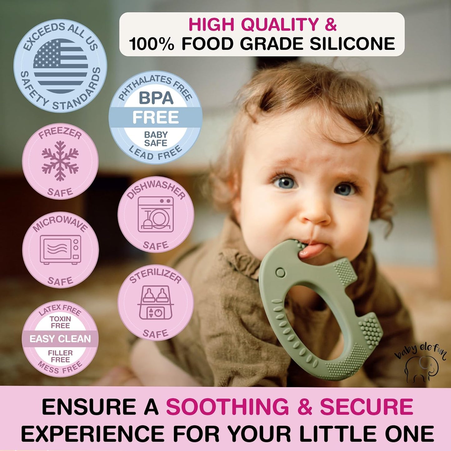 Baby Elefun Baby Teething Toys 5X Pain Relief Zero Delay 6-12 Months Olive