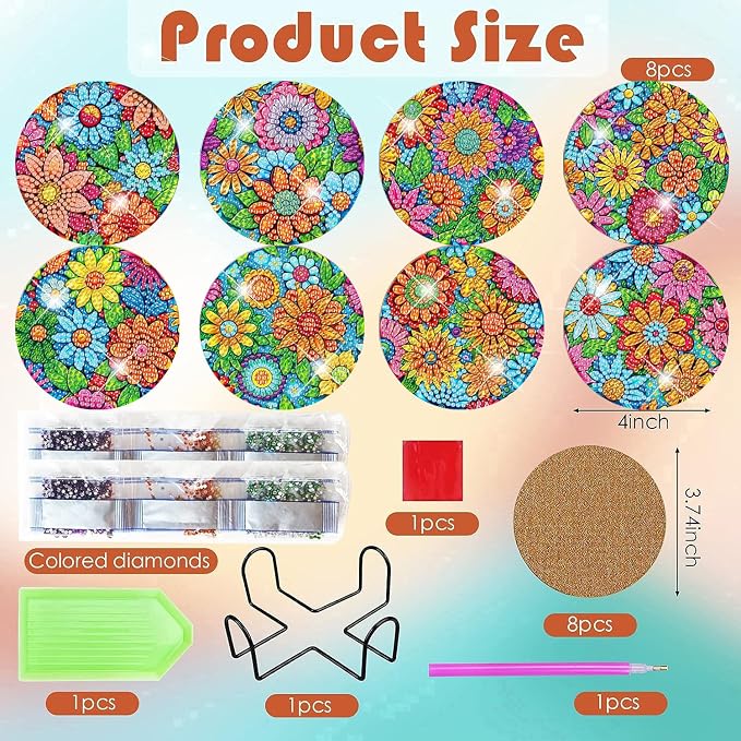 ijbnhd 8 Pcs Flowers Diamond Art Coasters