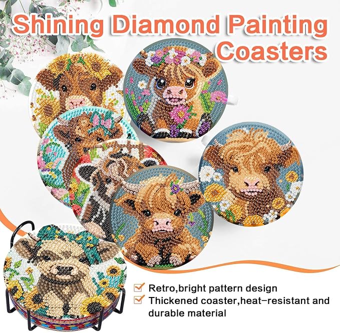 ijbnhd 8 Pack Highland Cow Diamond Art Coasters Kits | Cow Diamond Painting