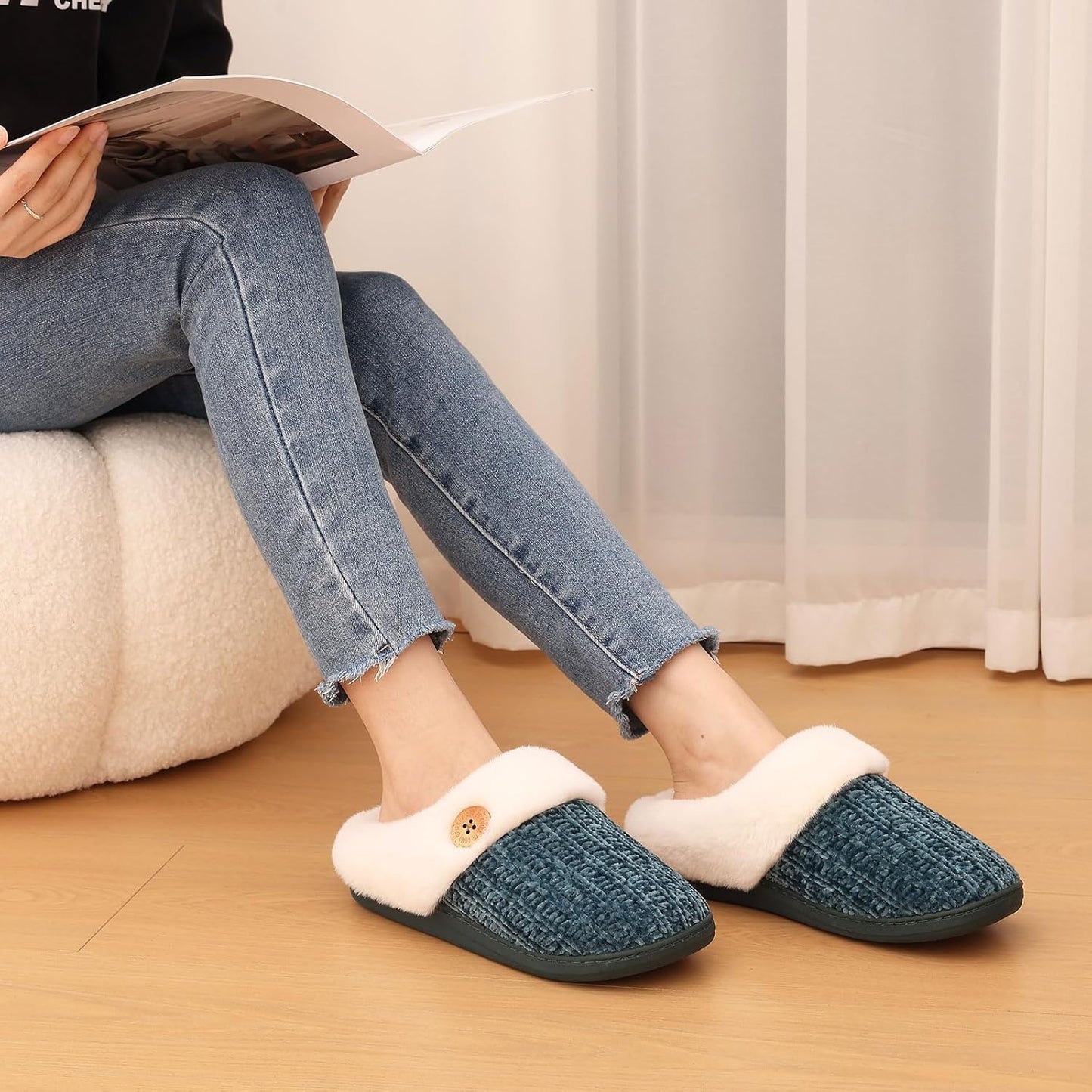 Evshine Warm Knit House Slippers for Women Comfy Wool-Like Lined Chenille Slippers with Memory Foam and Indoor Outdoor Soles