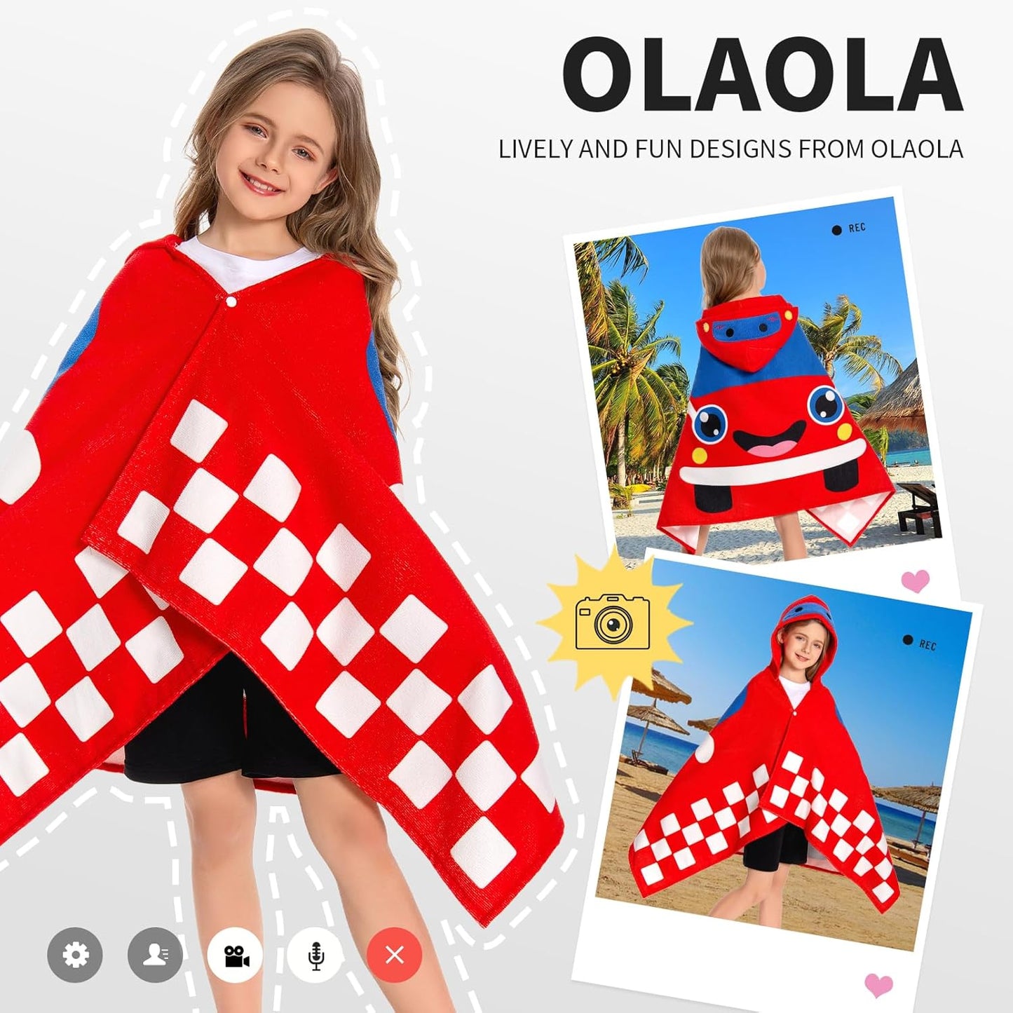 OLAOLA Car Hooded Towel for Kids 3-12 Years, 28" x 53" Soft Thick Absorbent Beach Towels, Toddler Bath Towel Wrap Swim Pool Towels Poncho for Boys Girls