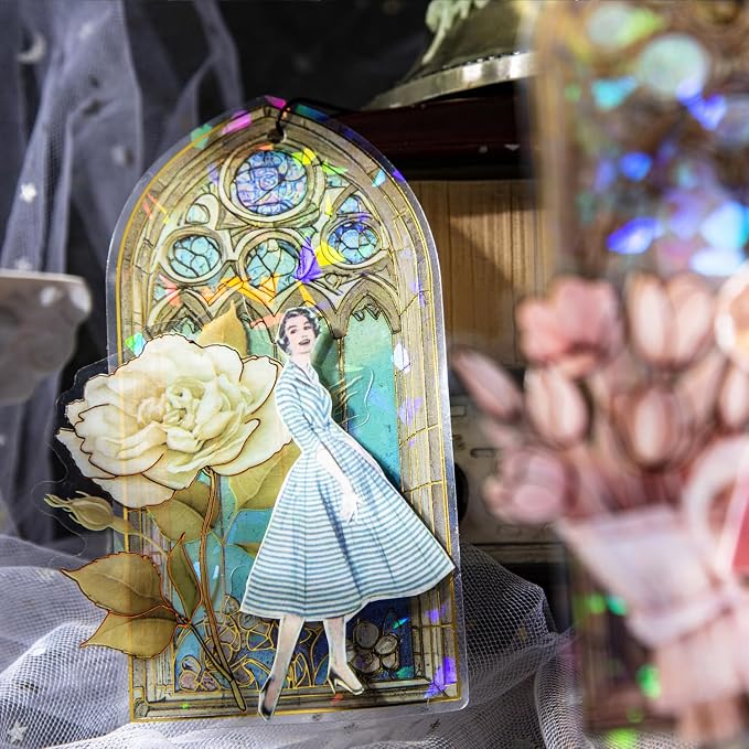 Glazed Flower Window Frame Stickes, 60 Pieces Glitter Holographic Transparent