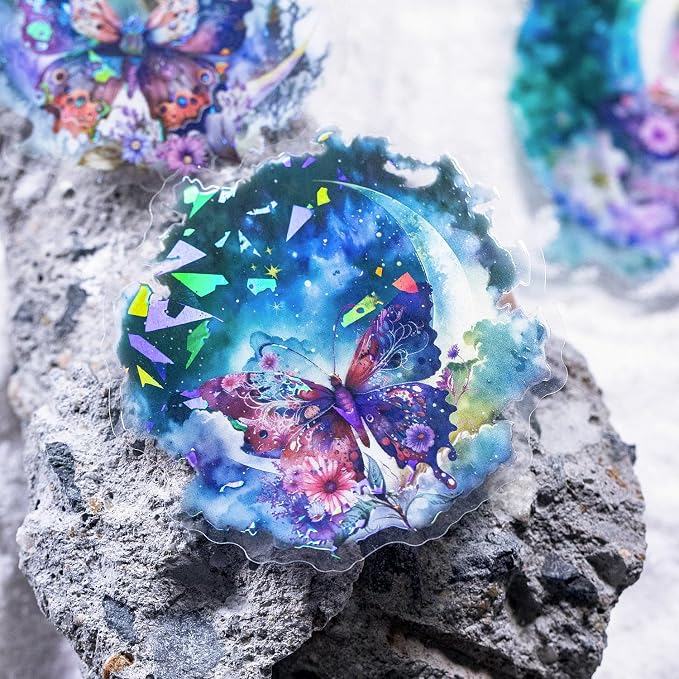 Yoksas 60Pcs Holographic Fantasy Butterfly Dragonfly Moon Stickers