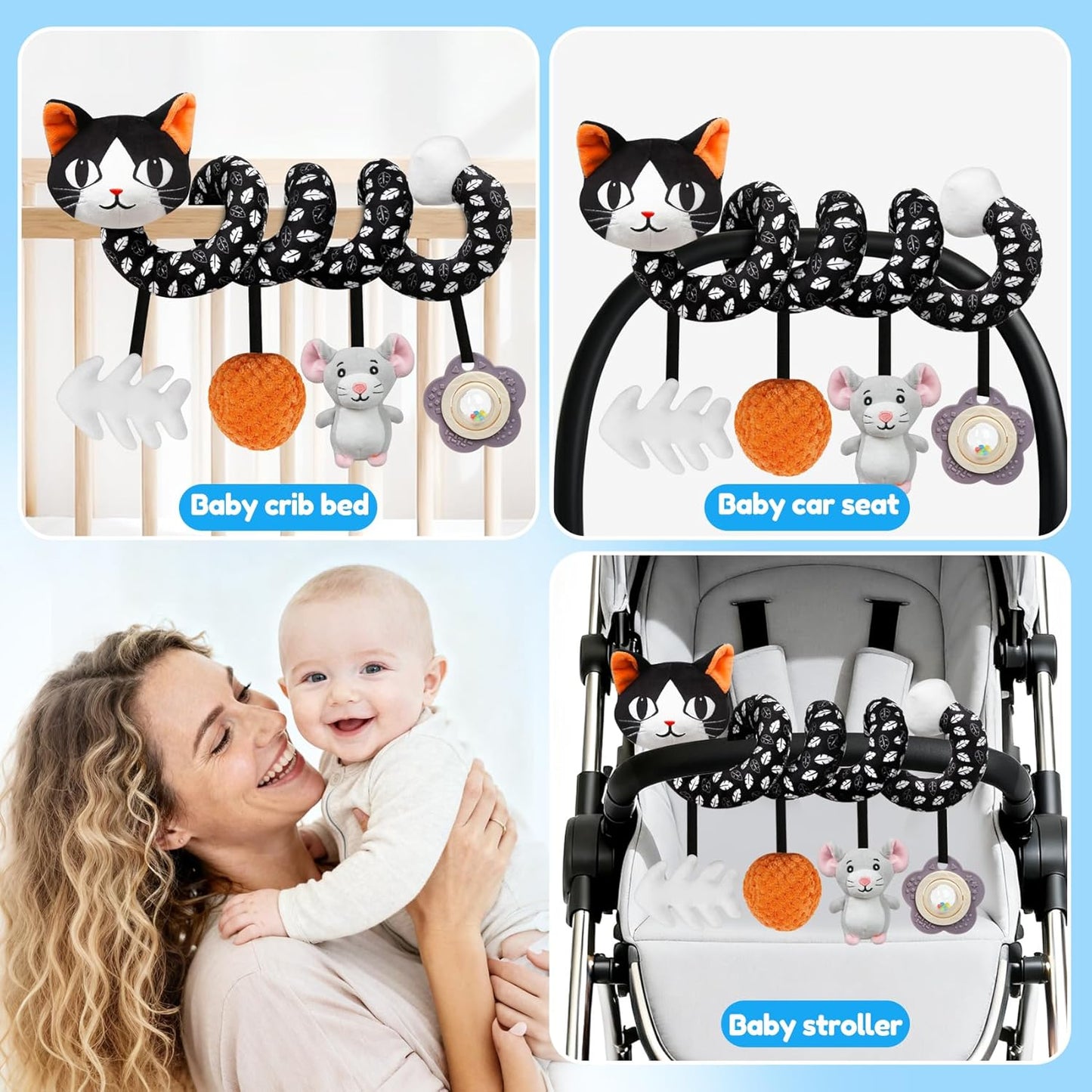 Car Seat Toys for Babies 0-6 Months,Hanging Rattle Toys for Crib Mobile, Baby Spiral Hanging Stroller Black and White High Contrast Toys for Newborn 0 3 6 9 12 Months Baby Boys Girls (Cat)