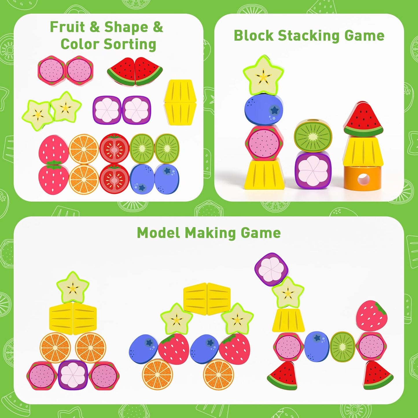 Montessori Toys for 3 4 5 Year Old, Wooden Fruit Toddler Stacking Toys, Stacking Blocks & Lacing Beads & Shape Sorter Toy for Toddler, STEM Preschool Learning Toys for Kids Boys Girls
