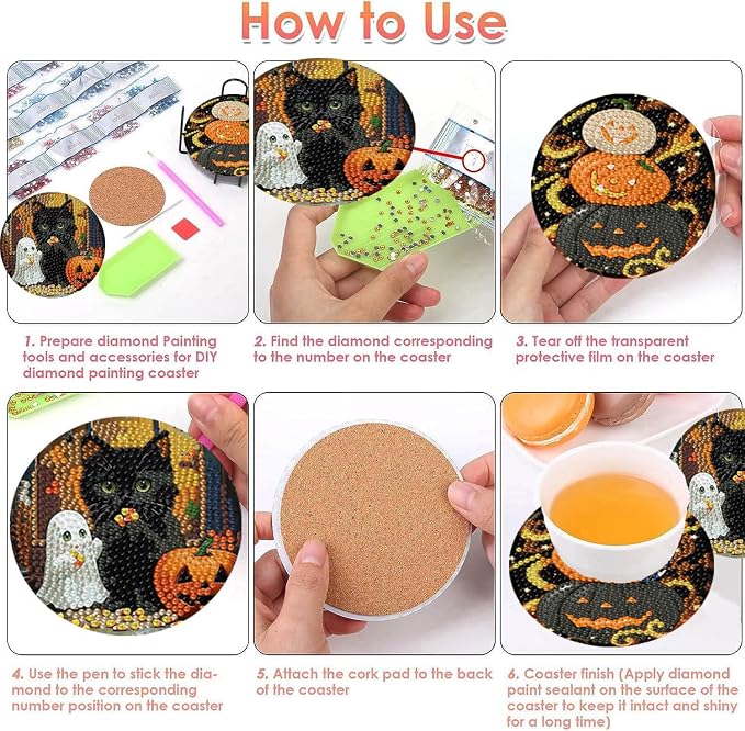 ijbnhd 8 Pcs Halloween Diamond Art Coasters Kits | Halloween Diamond Painting