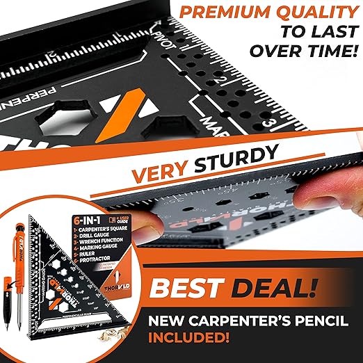 THORVALD 6-in-1 Carpenter Square 7 inch T Square Multi-Purpose Carpenter Tools