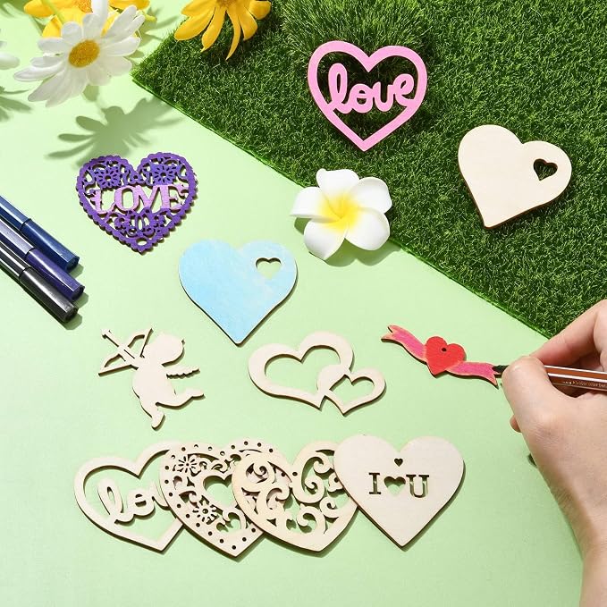 45 pcs Mixed Styles Heart Theme Unfinished Wood Cutout Charms Love Sweet Wood