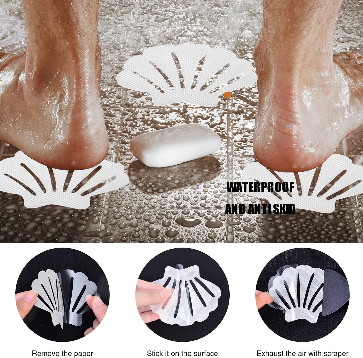 Non-Slip Bathtub Stickers, 24 PCS Shell Safety Bathroom Tubs Showers Treads Adhesive Decals Scraper (White)