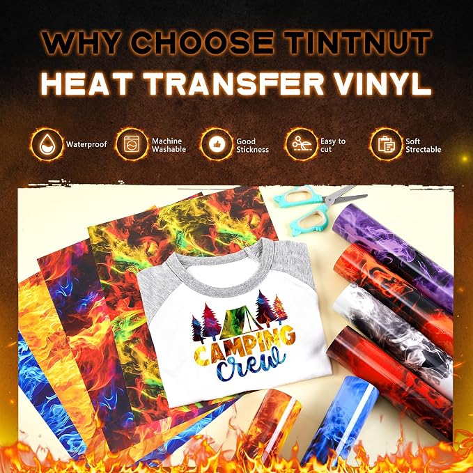 Tintnut Multicolored Flame Heat Transfer Vinyl, stretch washable, heat press &