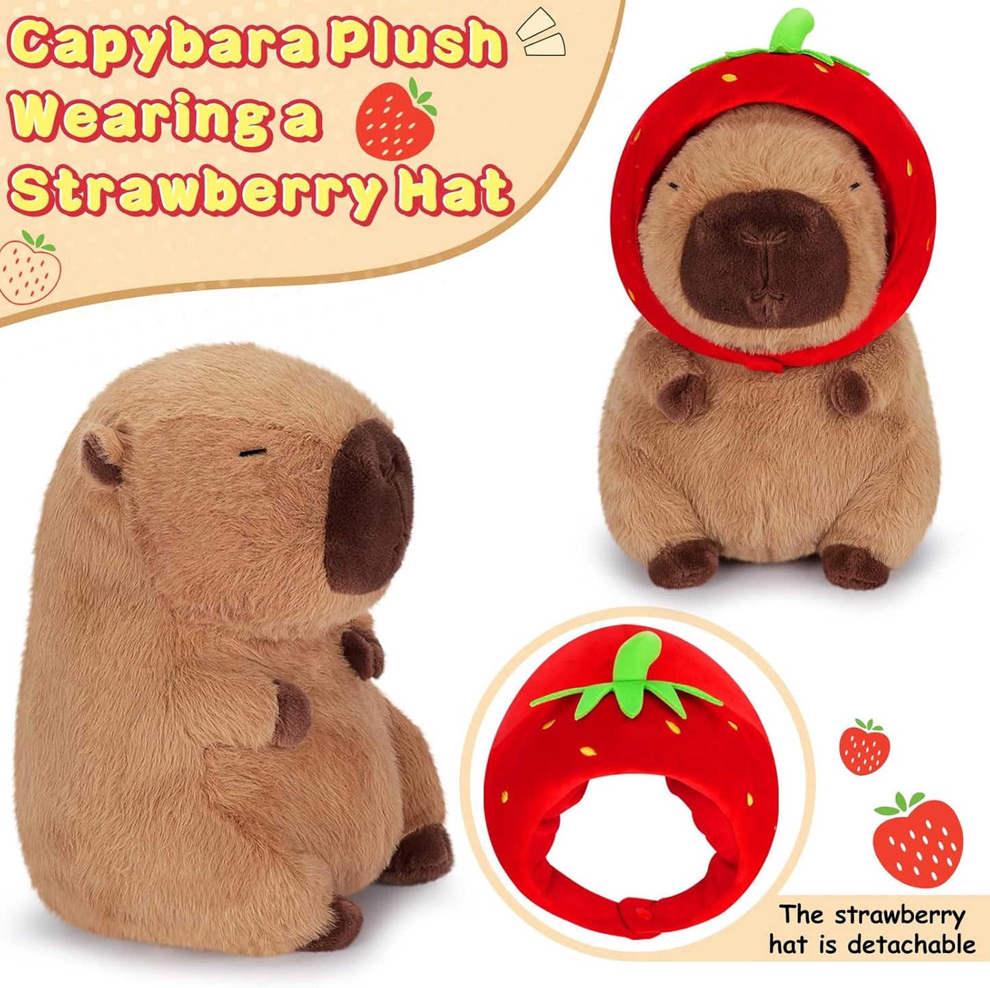Achwishap Capybara Plush,Cute Plushies Capybara Stuffed Animal,Capybara Plush Toys,Kawaii Plush Stuffed Toy with Strawberry Hat Plushie Gift for Kids Adults Birthday(Capybara with Strawberry Hat,16”)