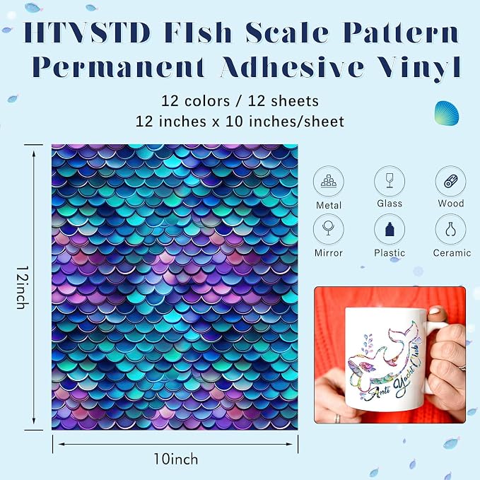 Fish Scale Patterned Permanent Adhesive Vinyl 12 Sheets 12'' x 10'' | Mermaid