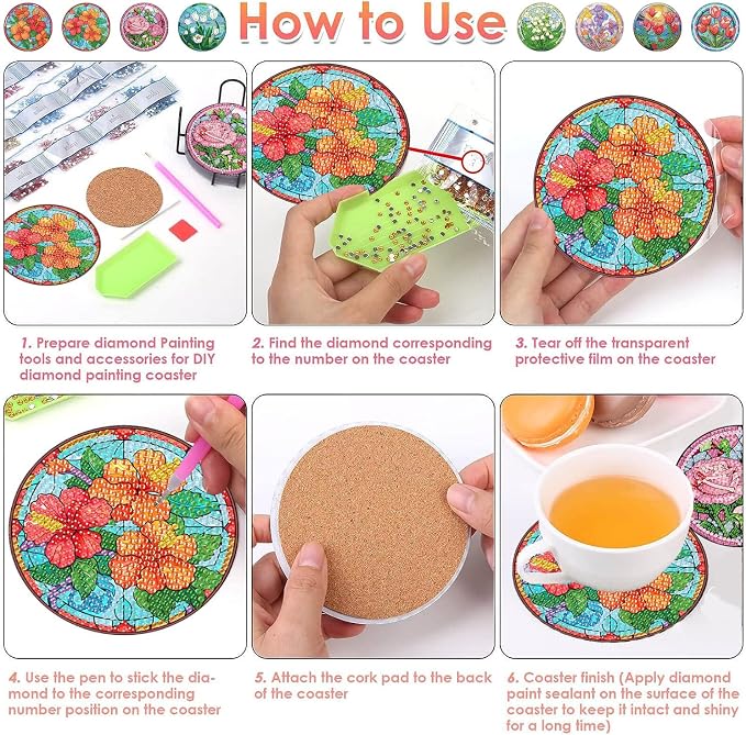 ijbnhd 8 PCS Flowers Diamond Art Coasters | Diamond Painting Coasters Kits