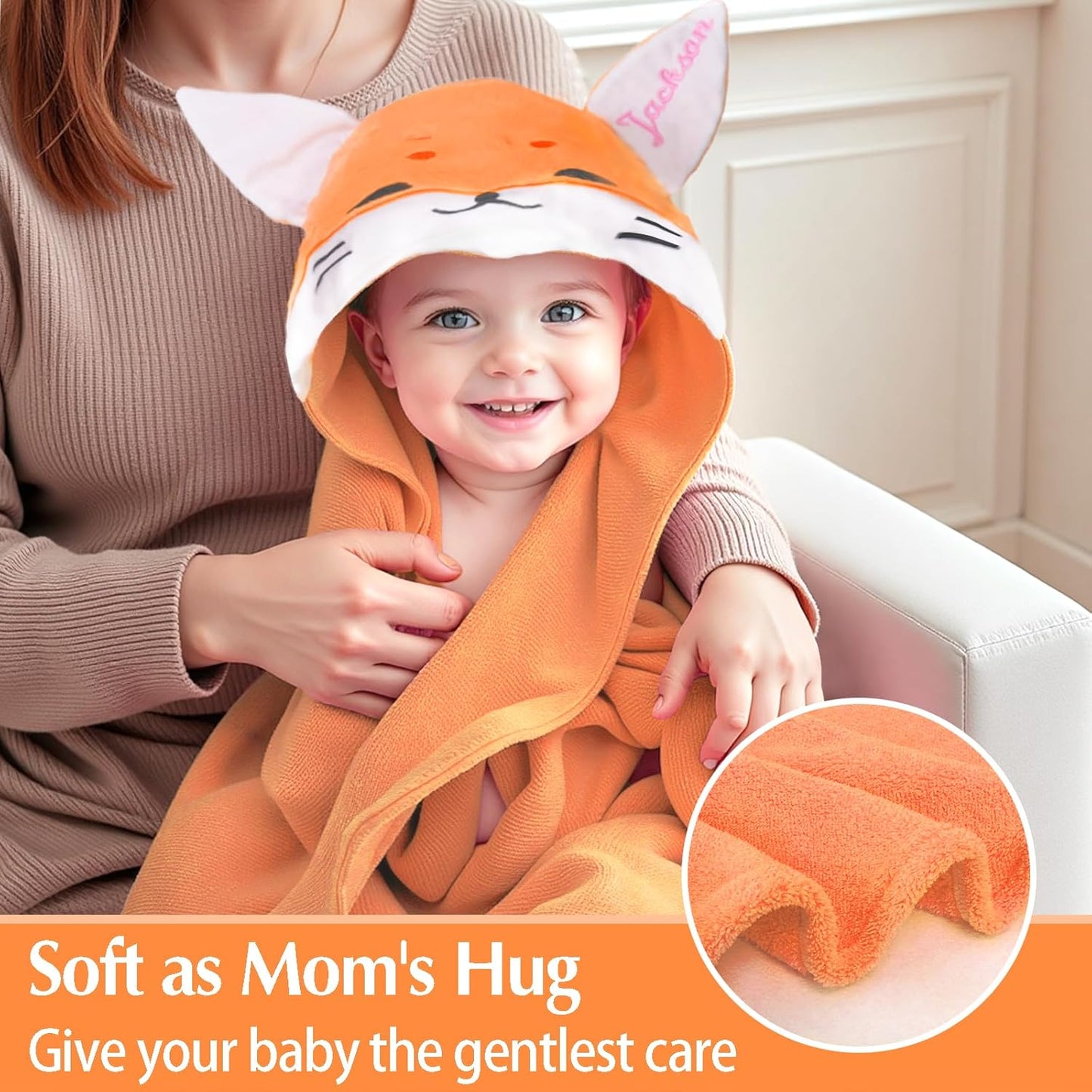Custom Hooded Bath Towel with Name, Personalized Highly Absorbent Bunny Towels, Baby Bath Towels for Girls Boys, Brithday for Baby, Toddler, Newborn (Orange-Fox)